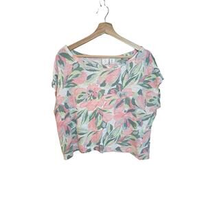 Joie Linen Top Women L Short Sleeve Knit Green Coral Floral Tropical Print